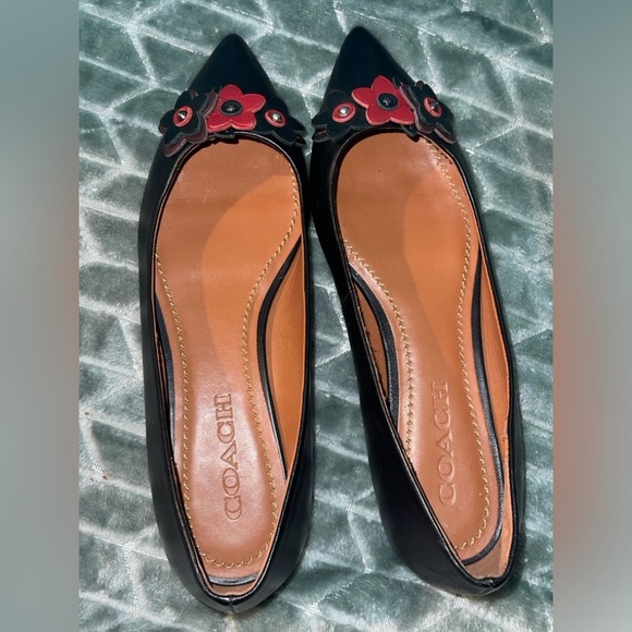 Coach Black Flats with Red Floral Accents GUC preloved rehab project as is - Picture 1 of 13